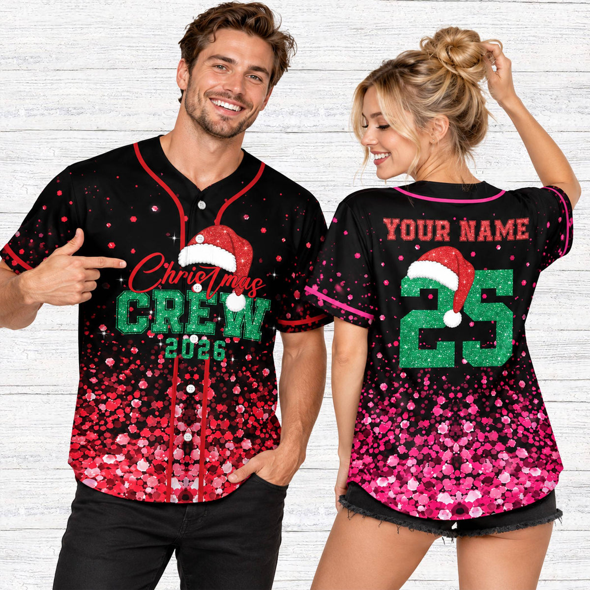 Lifestyle view of adult wearing personalized black christmas baseball jersey