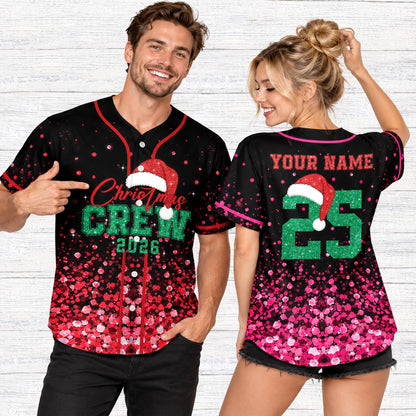 Lifestyle view of adult wearing personalized black christmas baseball jersey