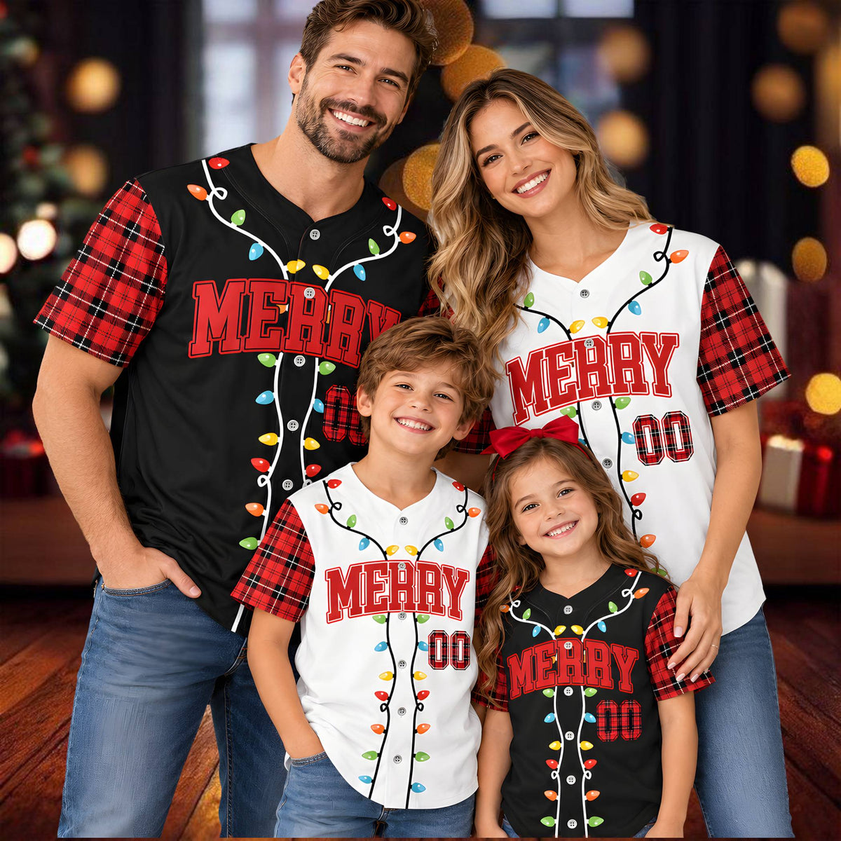 Lifestyle view of an adult wearing the custom baseball jersey with festive holiday design.