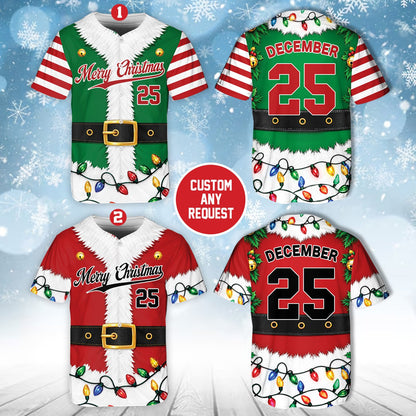 Personalized Christmas elf / Santa baseball jersey, front view showing festive details