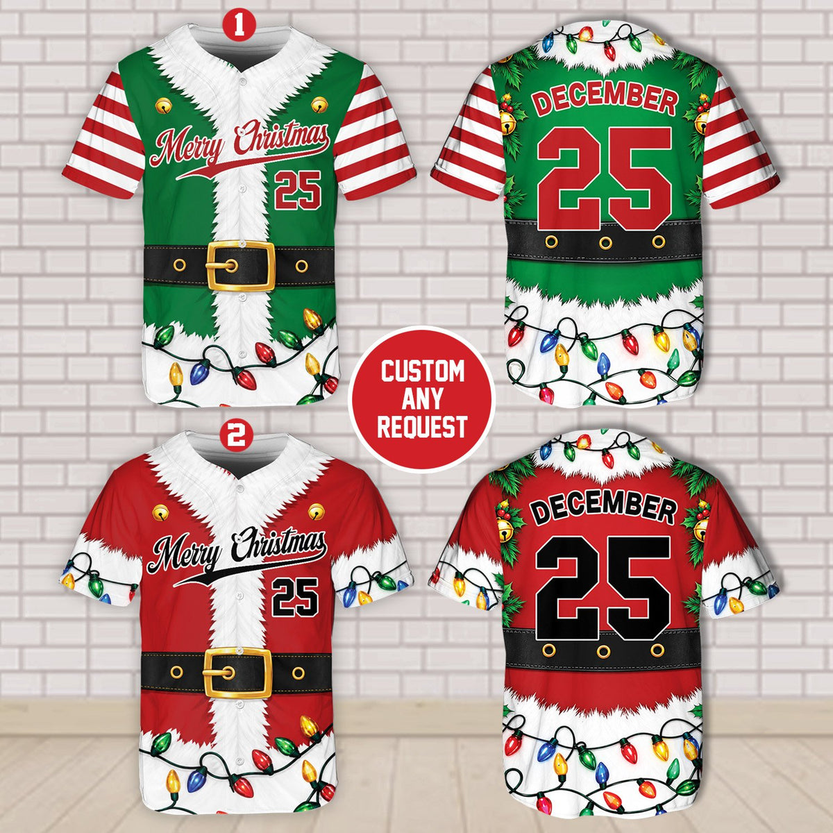 Personalized Christmas elf / Santa baseball jersey, close up front view