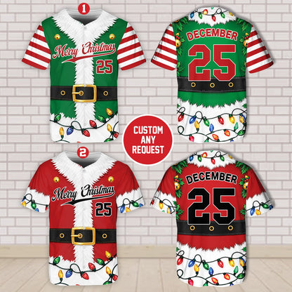 Personalized Christmas elf / Santa baseball jersey, close up front view