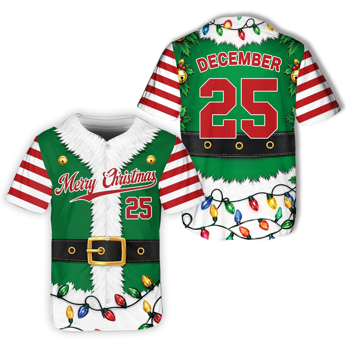 Personalized Christmas elf / Santa baseball jersey, green front close up
