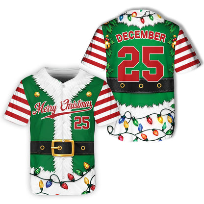 Personalized Christmas elf / Santa baseball jersey, green front close up