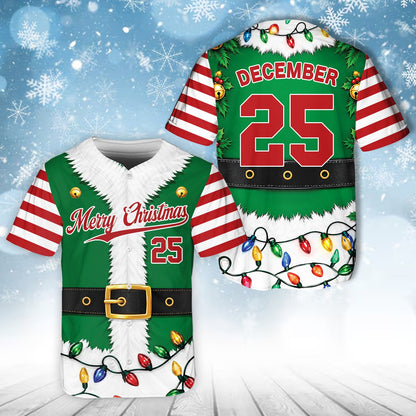 Personalized Christmas elf / Santa baseball jersey, green front view