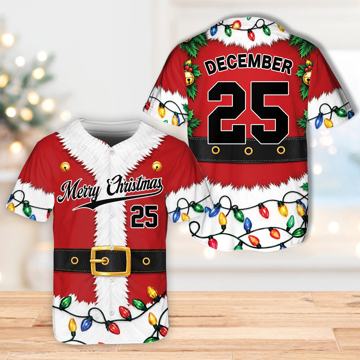 Personalized Christmas elf / Santa baseball jersey, multicolor back view showing DECEMBER 25