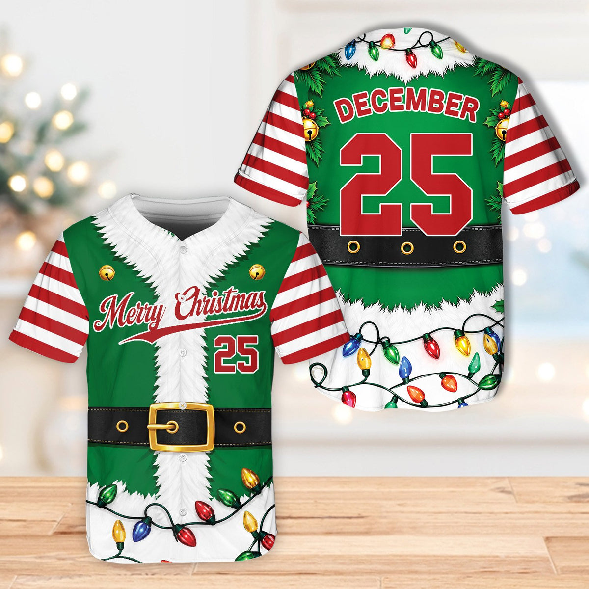 Personalized Christmas elf / Santa baseball jersey with custom name and number, main view
