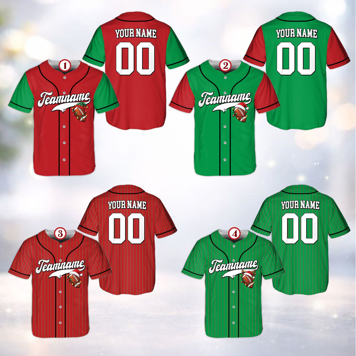 Front view of christmas baseball jersey with holiday football design and script chest text