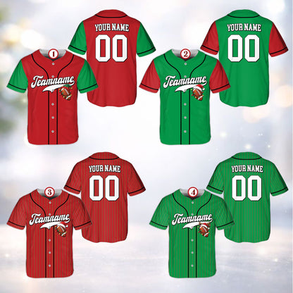 Front view of christmas baseball jersey with holiday football design and script chest text