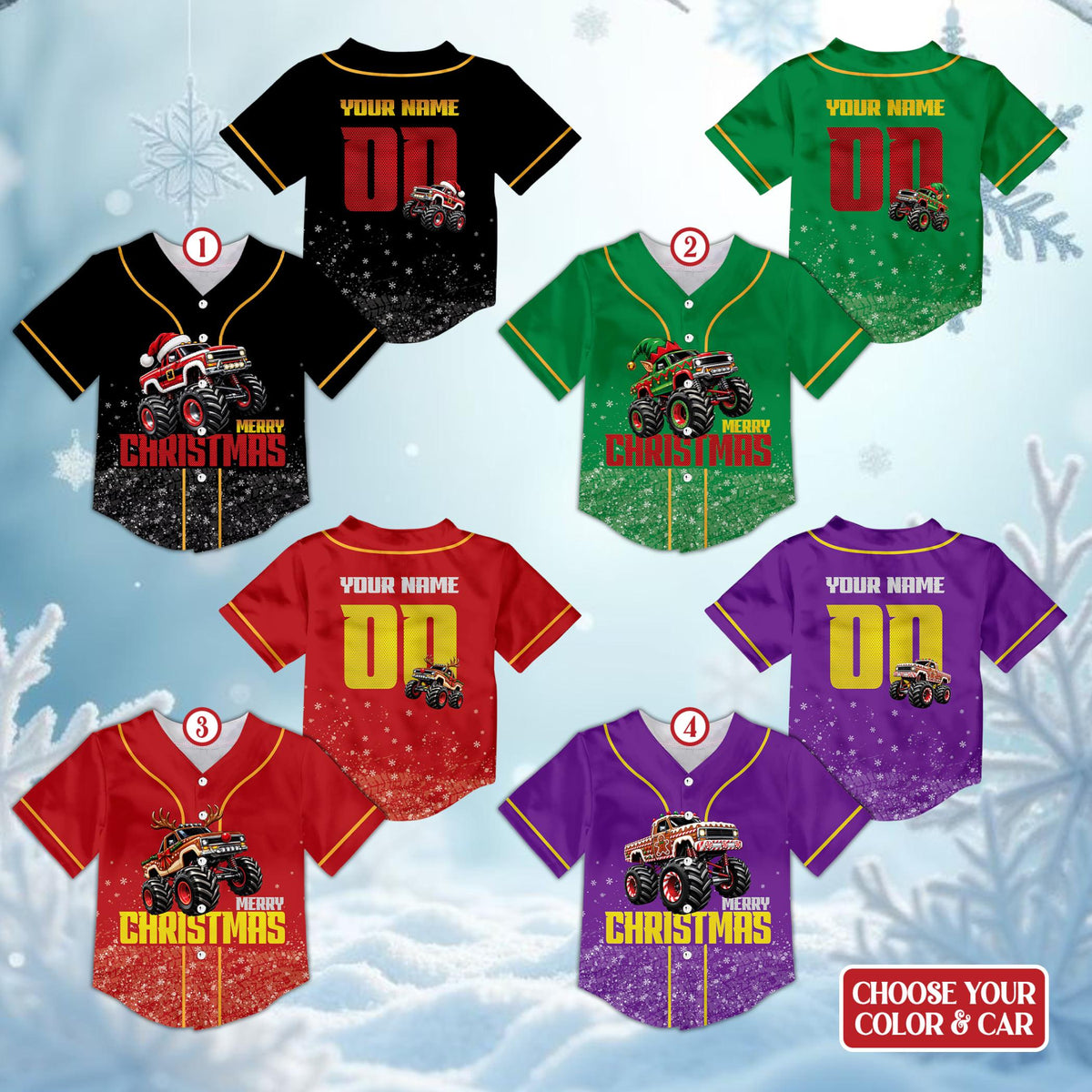Front view of the green monster truck christmas baseball jersey