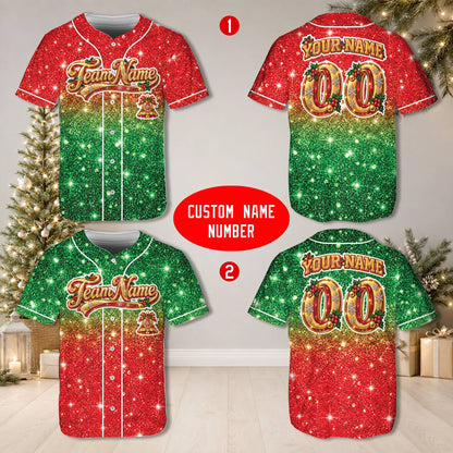 Front view of the custom baseball jersey with festive bell graphic