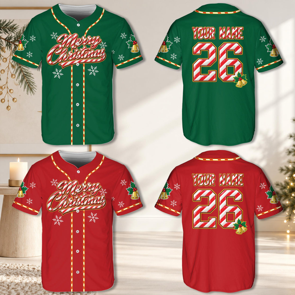 Festive holiday personalized baseball jersey, alternative front view