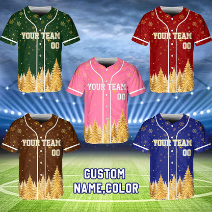 Front view of the personalized holiday baseball jersey showing gold tree border