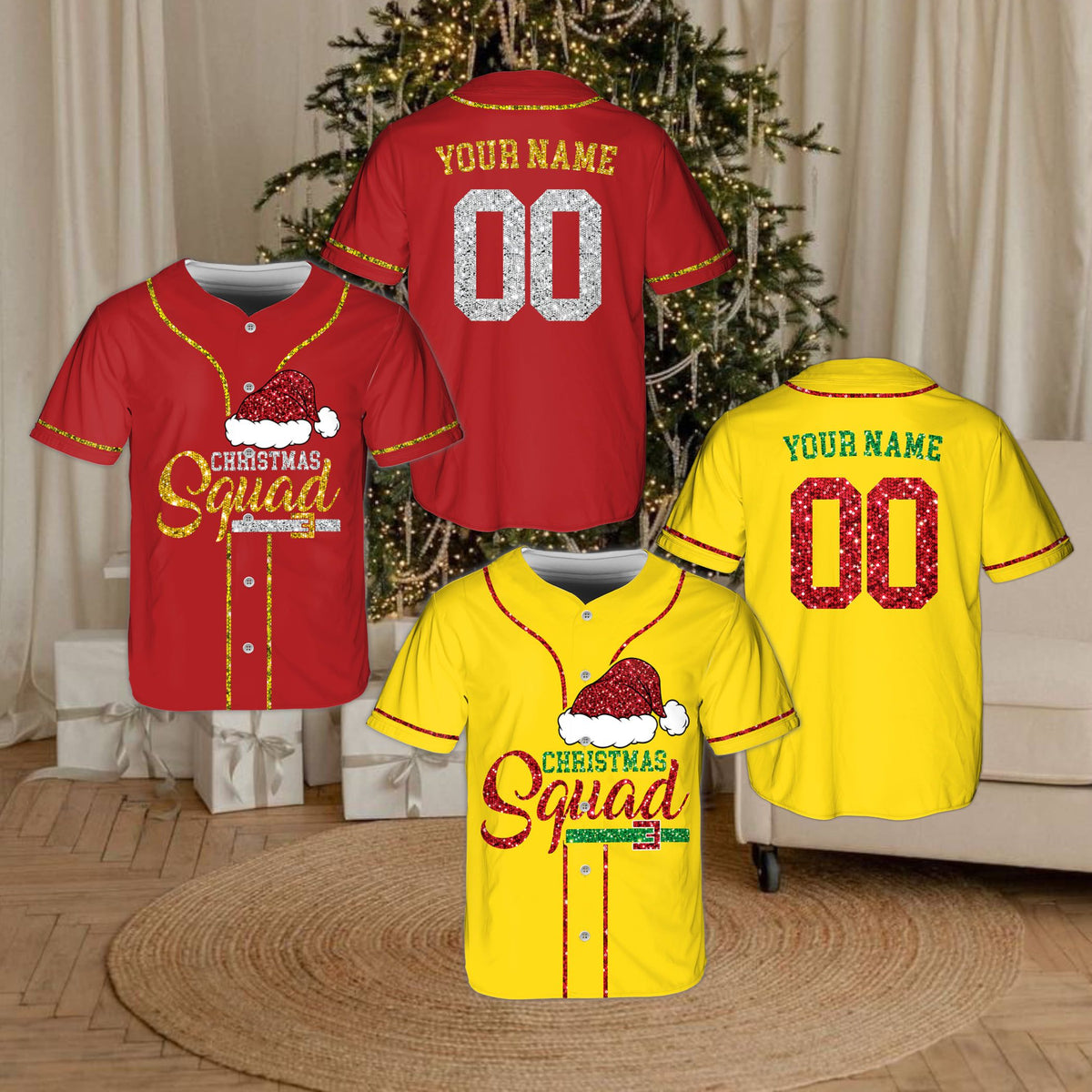 Front view of the personalized christmas baseball jersey showing Santa hat detail