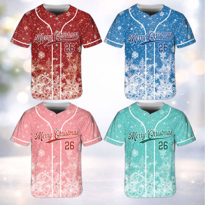 Detailed front view of the festive holiday baseball jersey