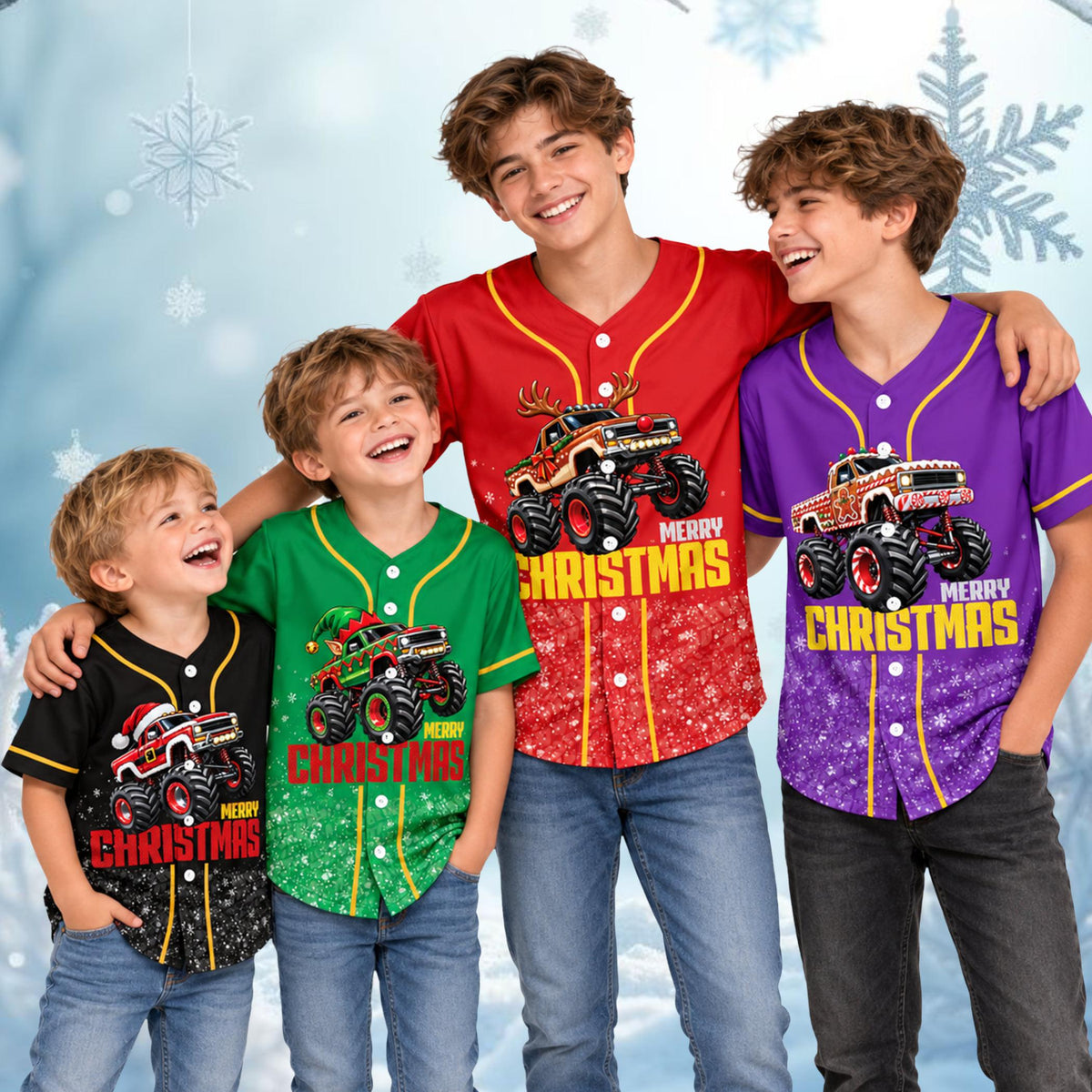 Detailed front view of the holiday monster truck baseball jersey