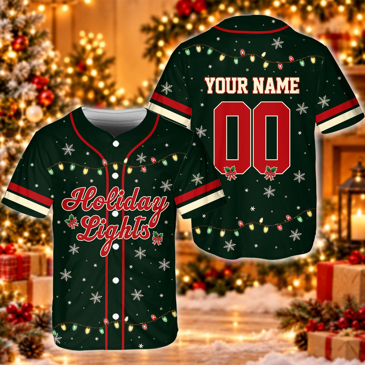Additional front view showing the button-down style of the holiday baseball jersey