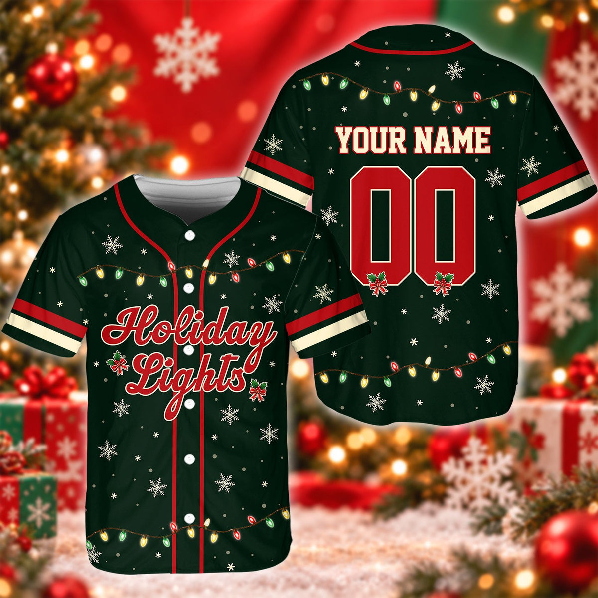 Front view of the dark green christmas baseball jersey with glowing lights and snowflakes
