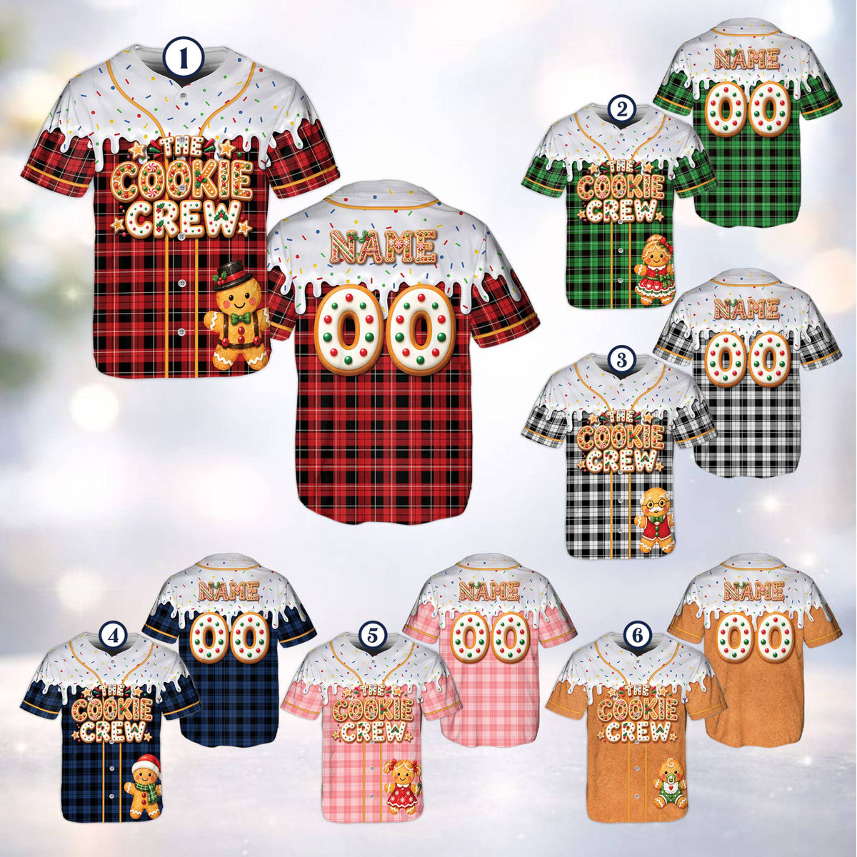 Detailed view of the Christmas gingerbread cookie baseball jersey front