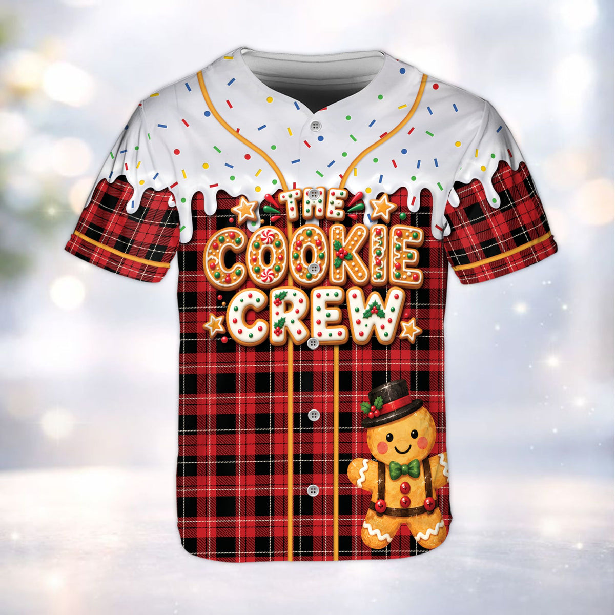 Red Christmas gingerbread cookie baseball jersey front view