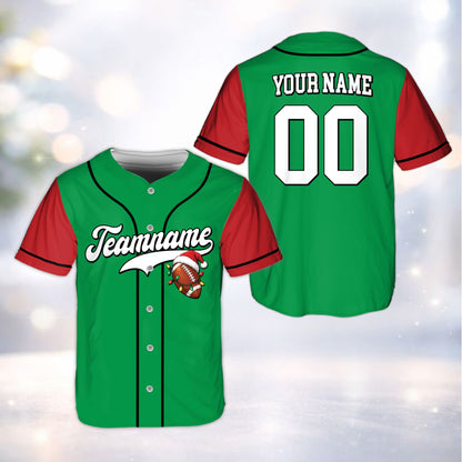 Back view of personalized green christmas baseball jersey showing custom name and number