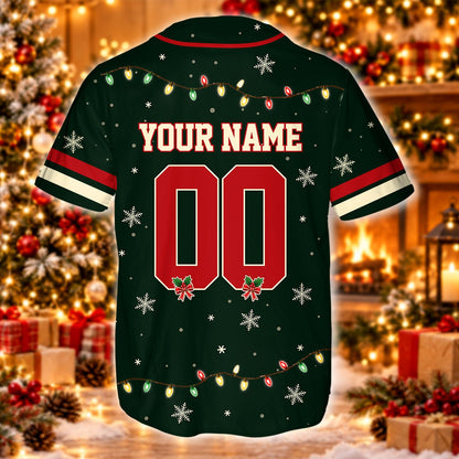 Close-up back view detailing the classic sports font on the holiday baseball jersey