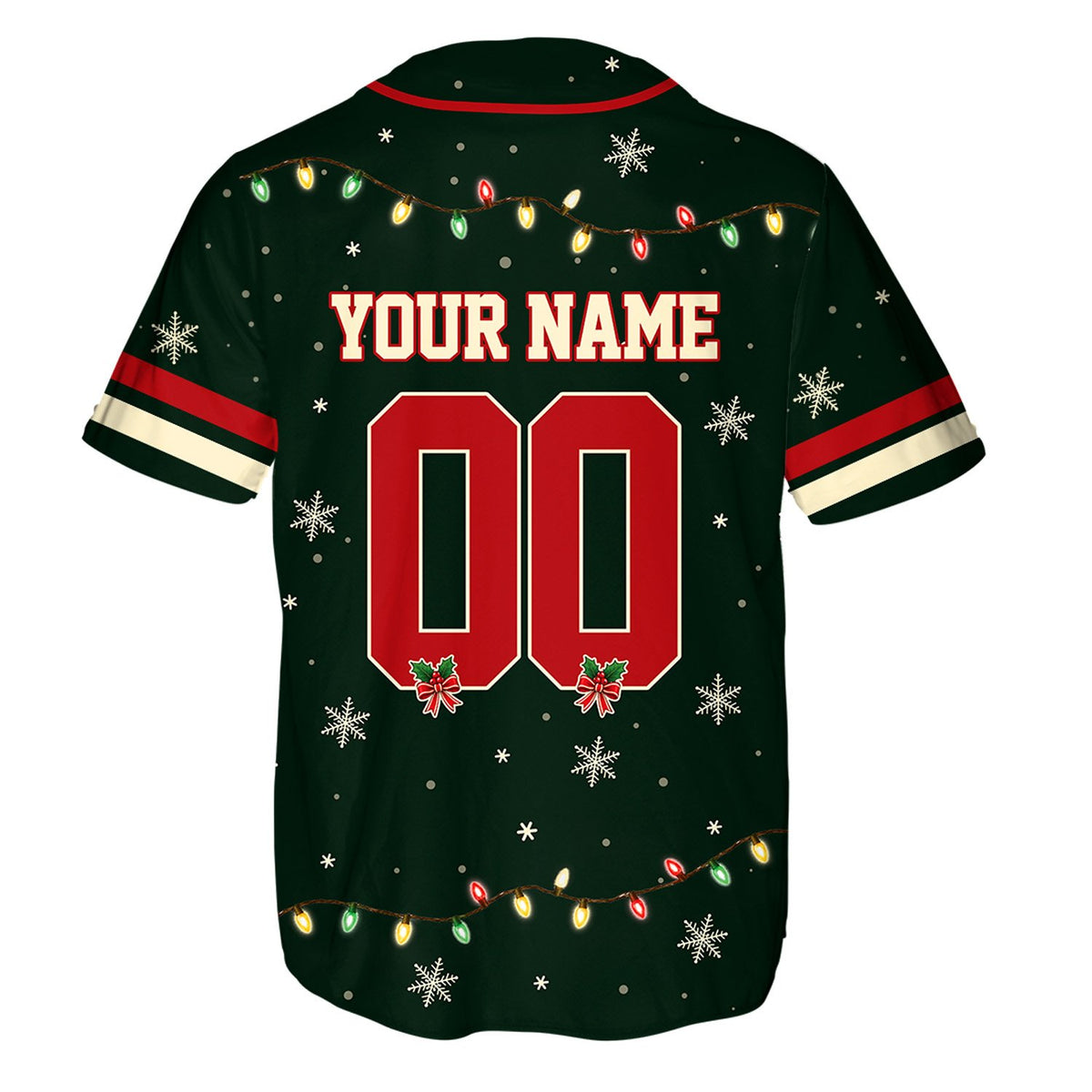 Back view of the personalized christmas baseball jersey showing custom name and number with mistletoe