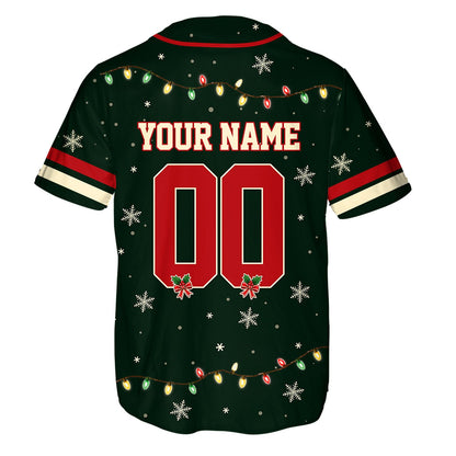 Back view of the personalized christmas baseball jersey showing custom name and number with mistletoe