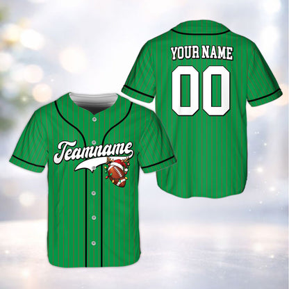 Main view of personalized green christmas baseball jersey featuring festive football graphic and custom text