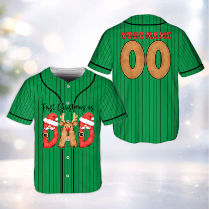 Green custom baseball jersey with festive First Christmas graphics, front view