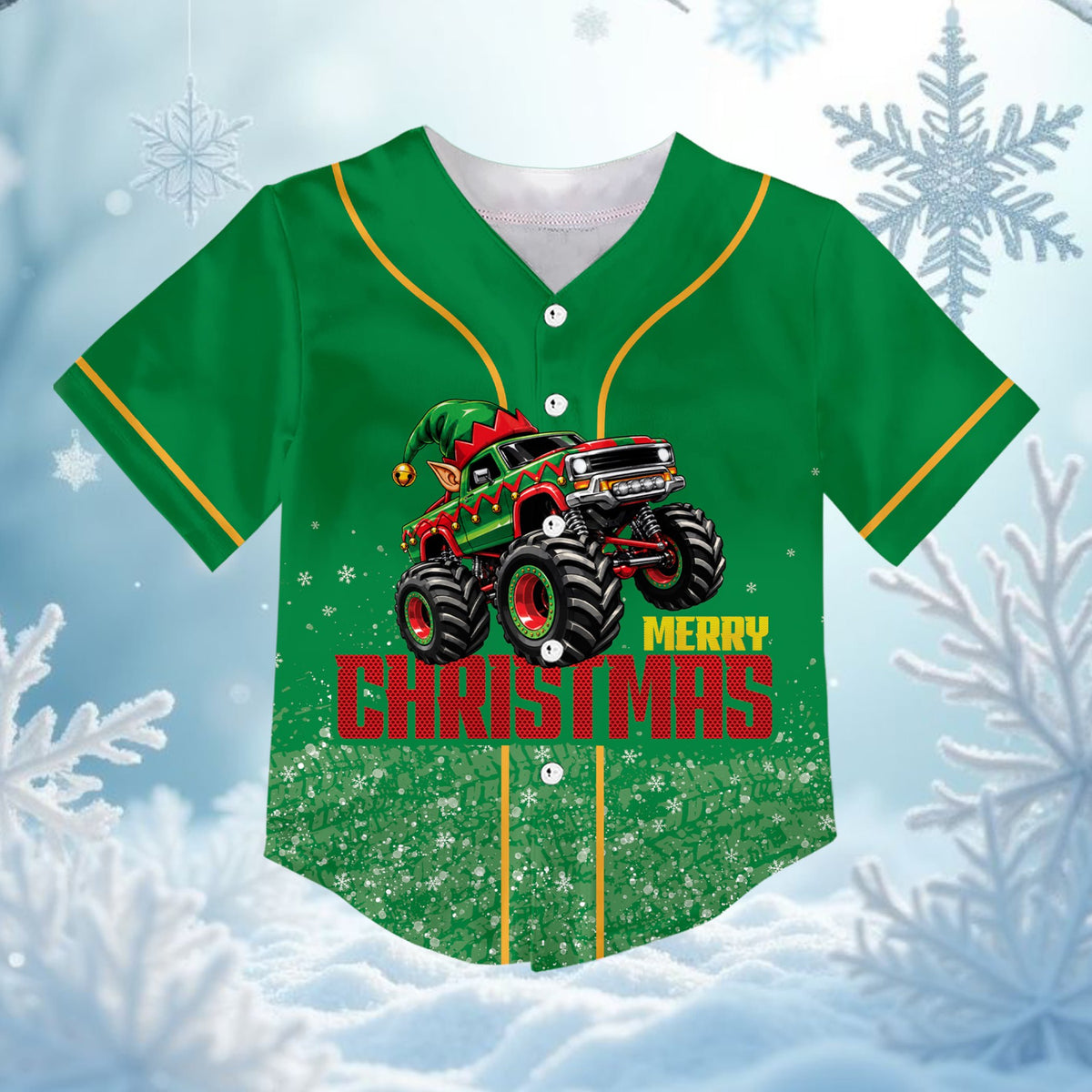 Green personalized christmas baseball jersey featuring a monster truck and custom name and number