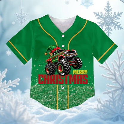 Green personalized christmas baseball jersey featuring a monster truck and custom name and number