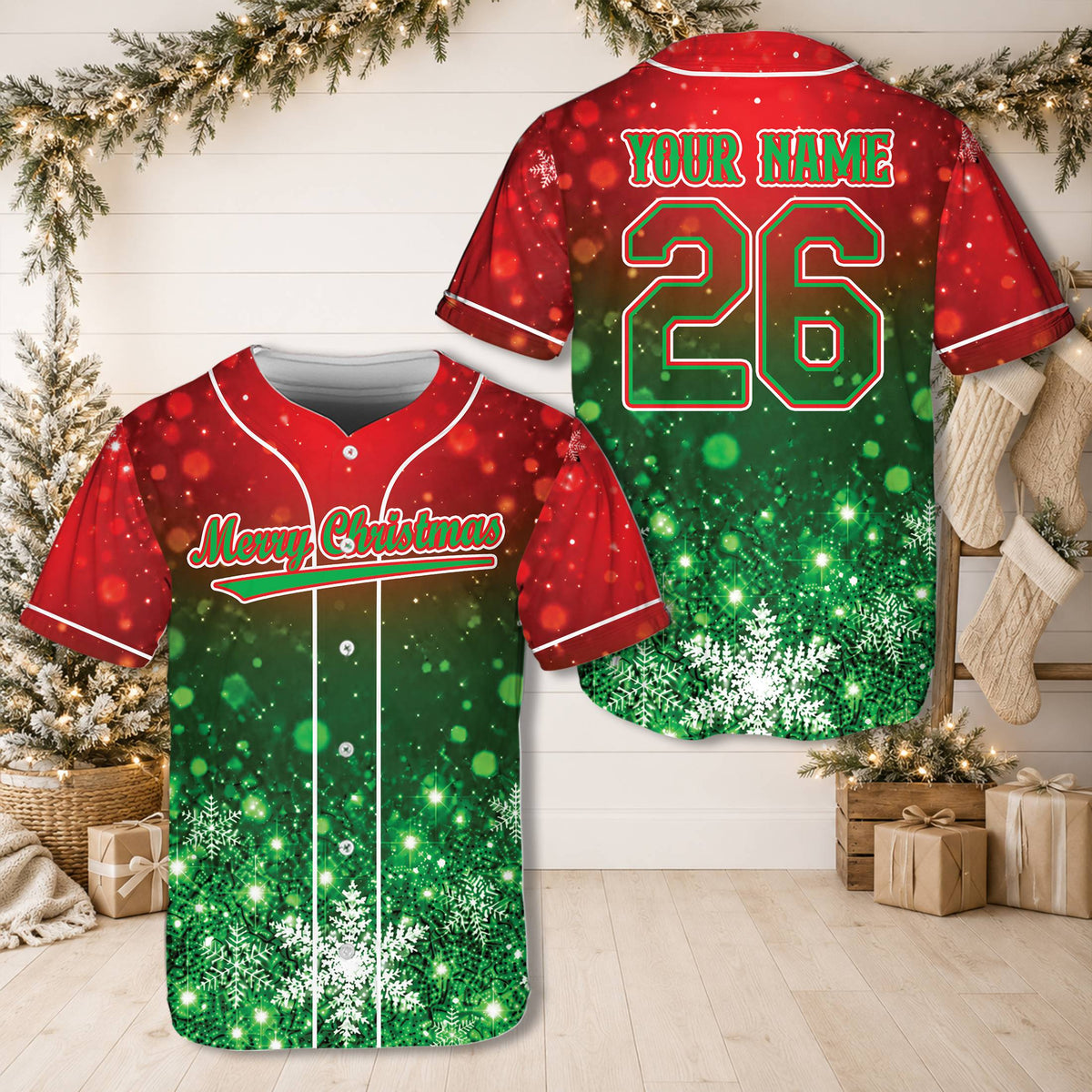 Personalized green christmas baseball jersey with custom name and number, main view