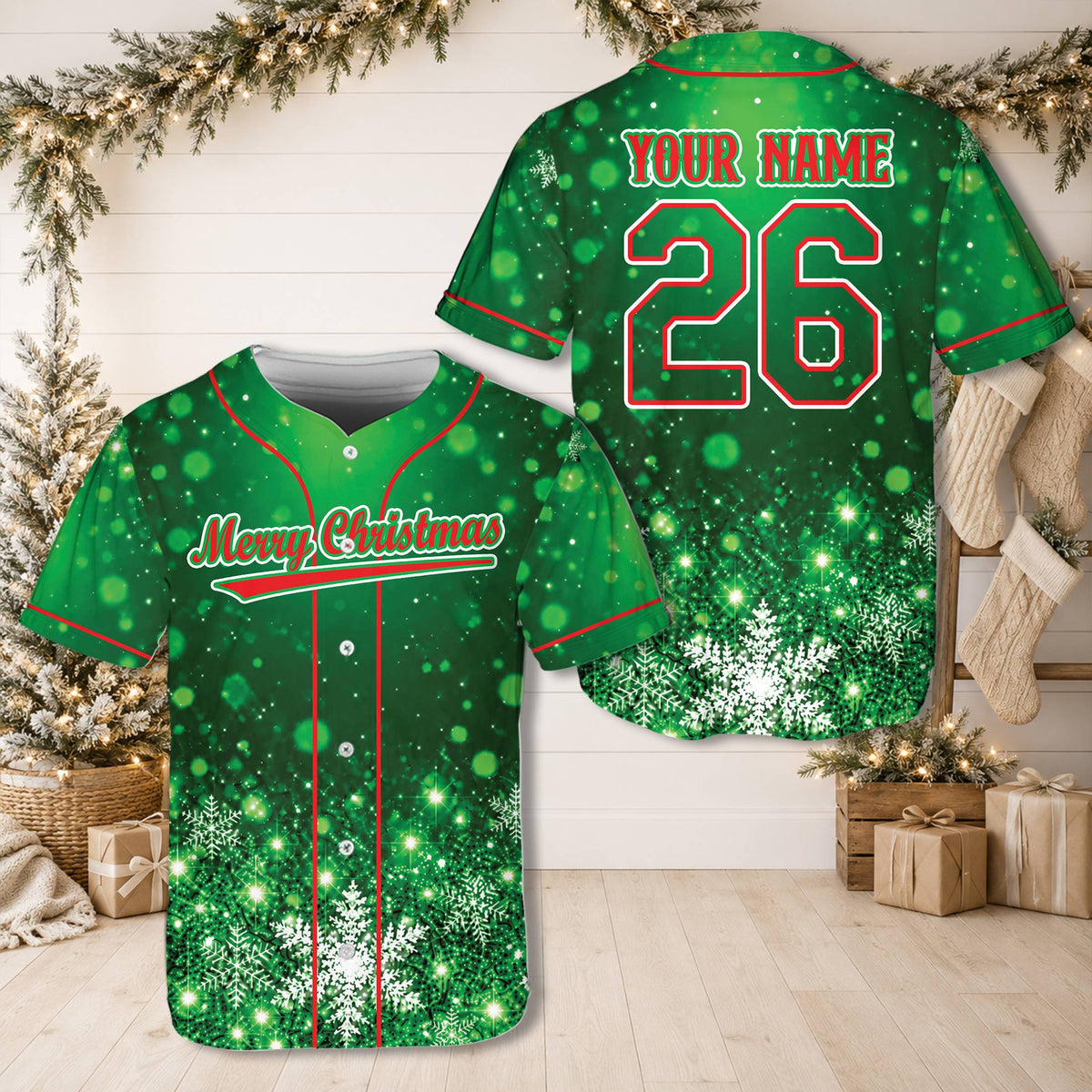 Front view of the green personalized baseball jersey featuring holiday script