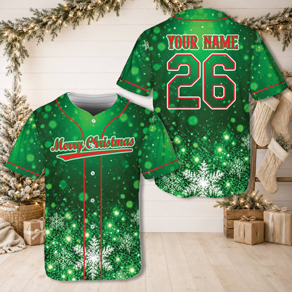 Front view of the green personalized baseball jersey featuring holiday script