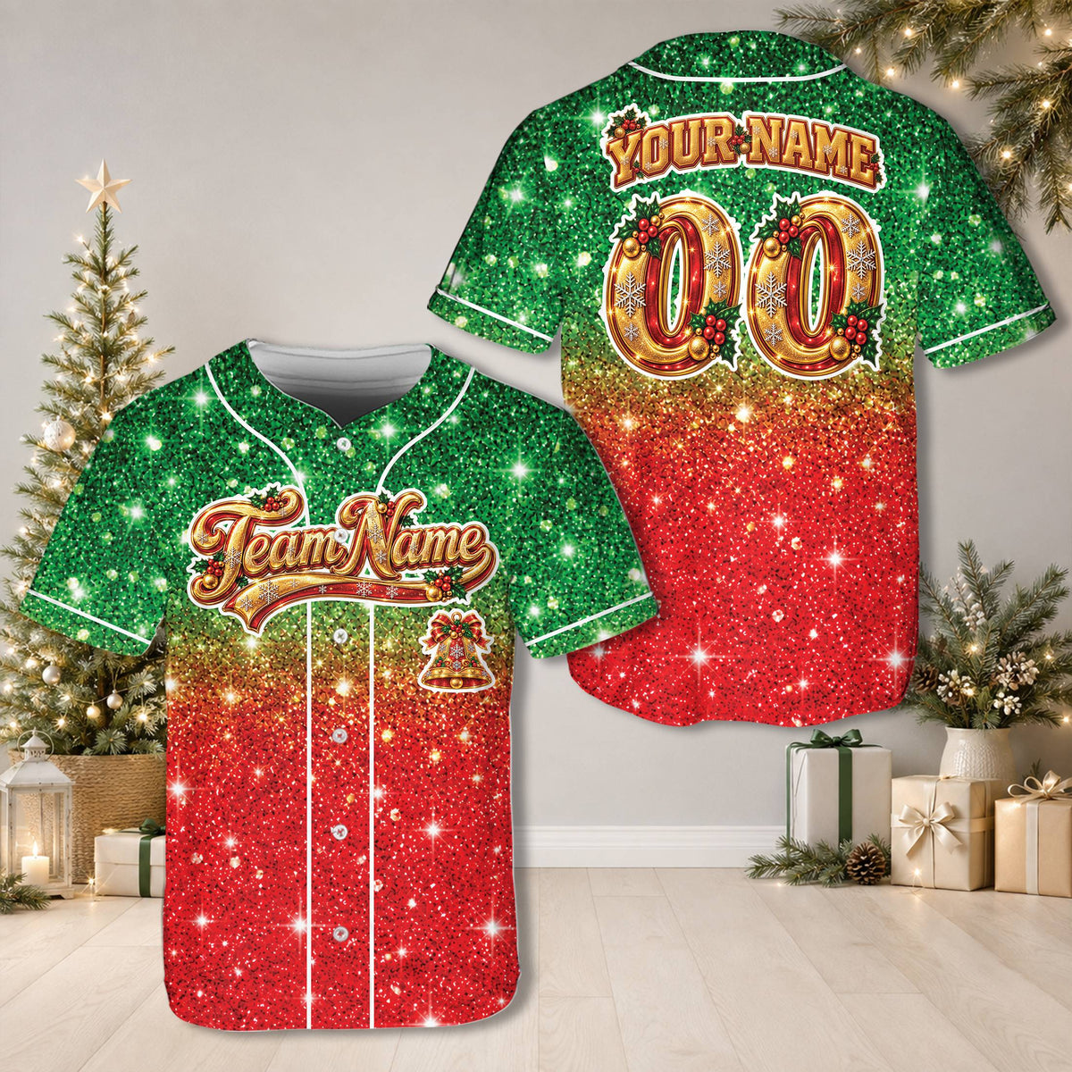 Another front view showing the green and red glittery ombre style