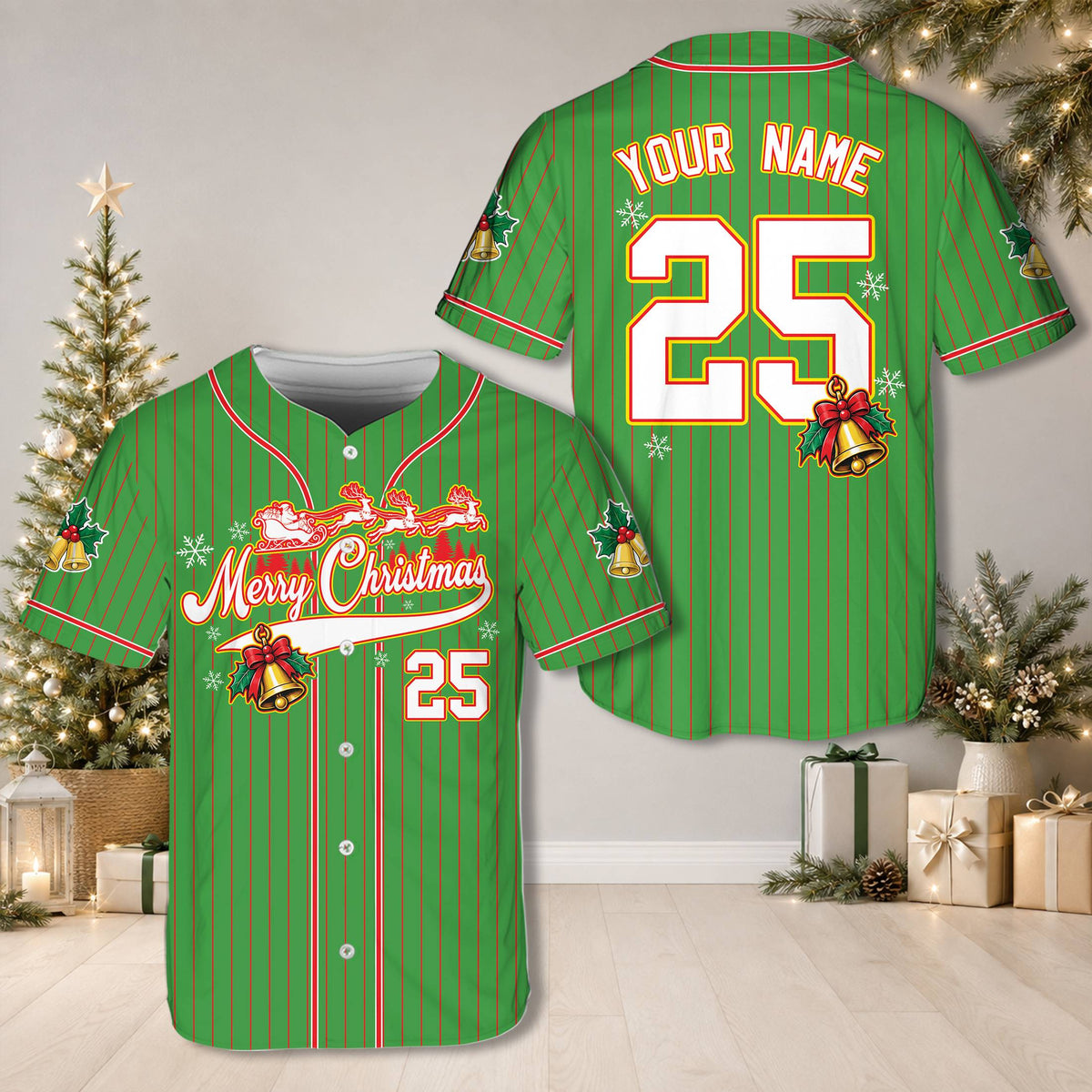 Green personalized christmas baseball jersey showing the front festive sleigh design