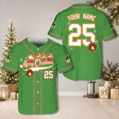 Green personalized christmas baseball jersey showing the front festive sleigh design