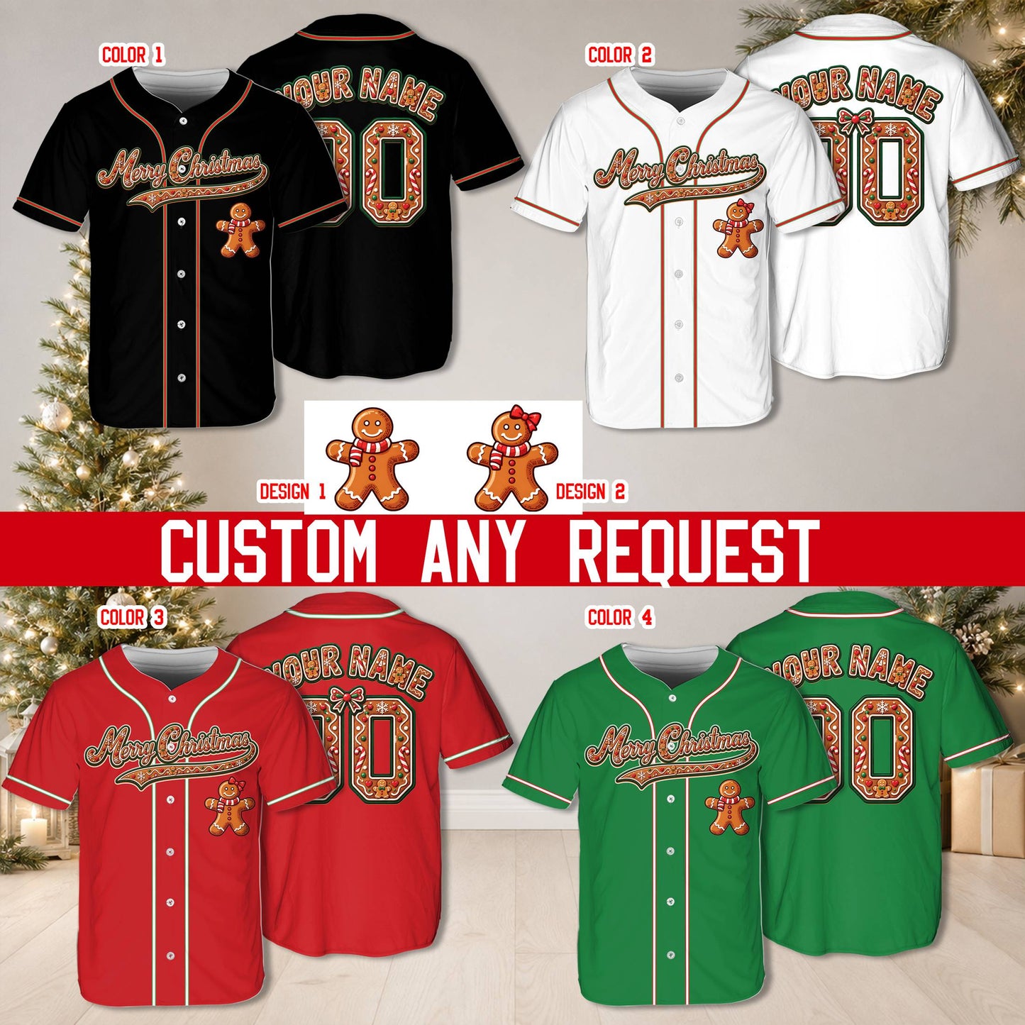 Front view of a green custom baseball jersey with festive gingerbread details