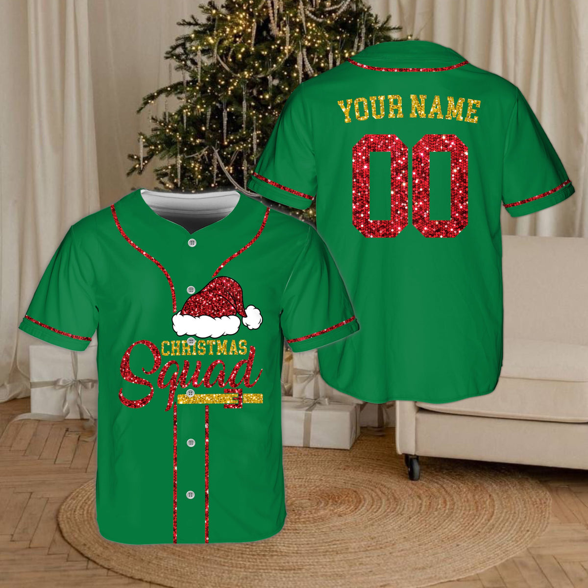 Front view of the green custom baseball jersey with festive faux sequin design