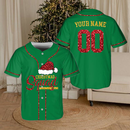 Front view of the green custom baseball jersey with festive faux sequin design