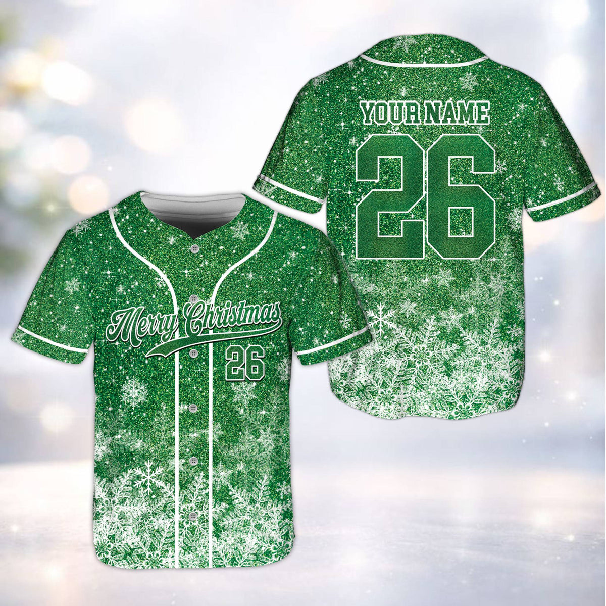 Green variant of the personalized christmas baseball jersey, front view