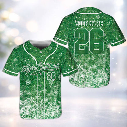 Green variant of the personalized christmas baseball jersey, front view