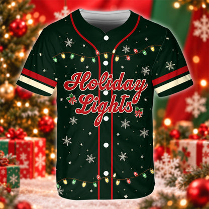 Close-up front view of the festive holiday lights design on the dark green baseball jersey
