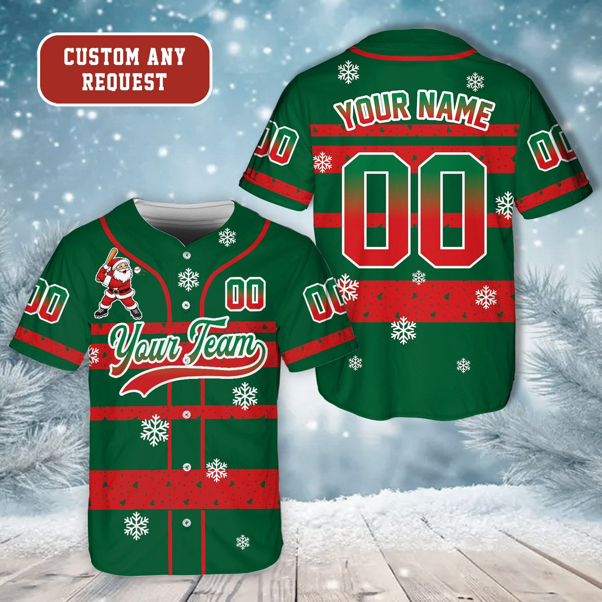 Personalized green christmas baseball jersey with custom name and number, front view