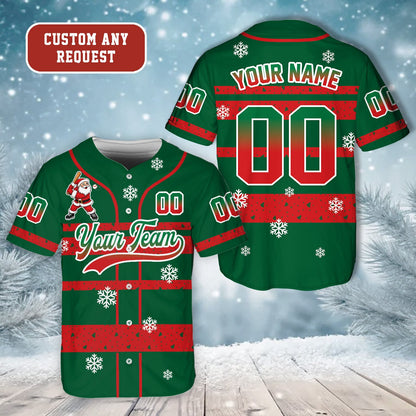 Personalized green christmas baseball jersey with custom name and number, front view