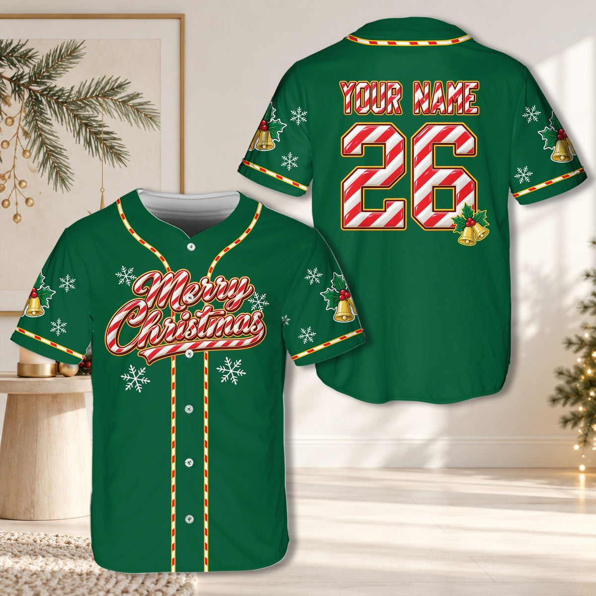 Personalized green Christmas baseball jersey with custom name and number, main view