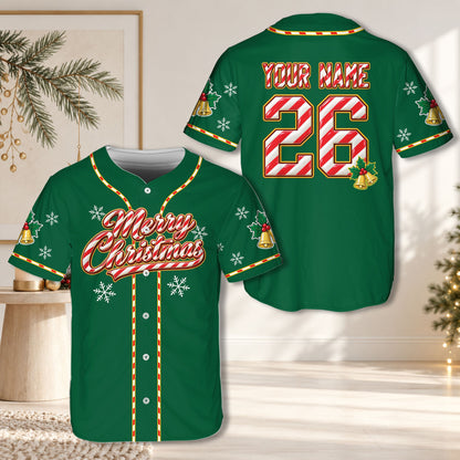 Personalized green Christmas baseball jersey with custom name and number, main view