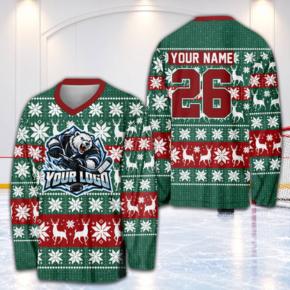 Red and green christmas baseball jersey with ugly sweater pattern and custom name and number, main view