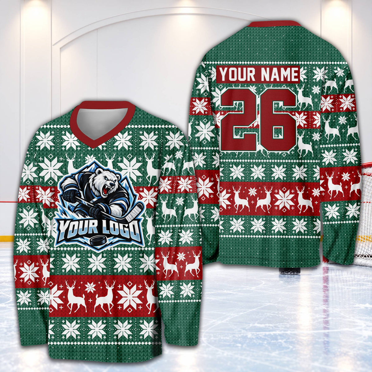 Front view of the personalized holiday baseball jersey featuring a polar bear logo